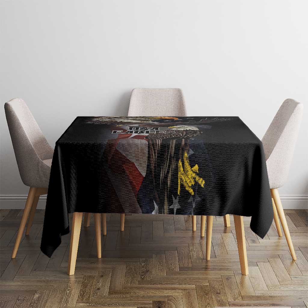 Black tablecloth with large vintage eagle and stars print, centered on the dining table.