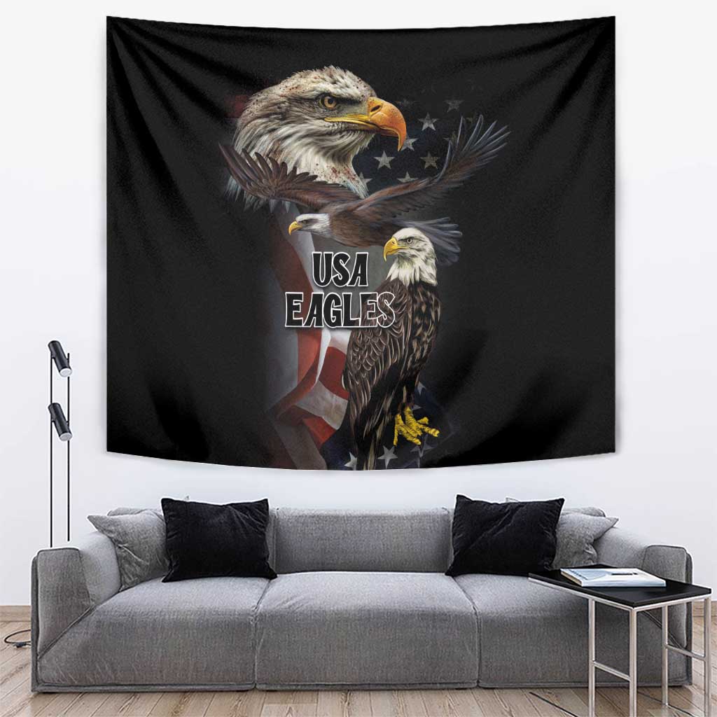 Black eagle tapestry flag with USA and EAGLES text, wall-hanging rectangular decor