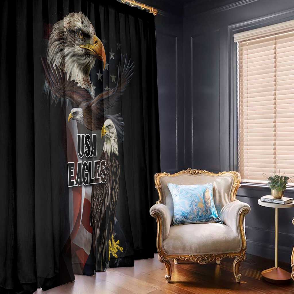 Black curtain panels featuring bald eagles and a vintage USA flag design