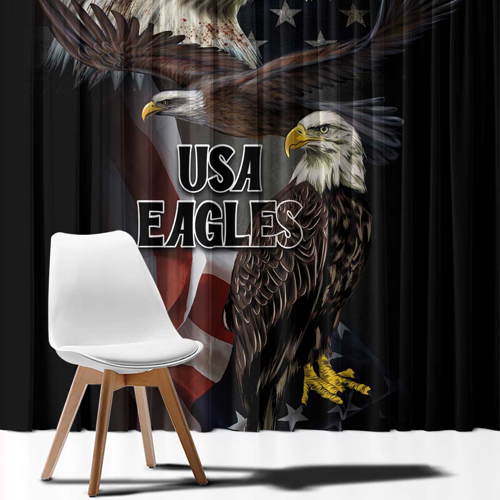 Black curtain panel with large bald eagle artwork and USA lettering