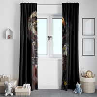 Black window curtains with bald eagle and USA-themed vintage graphic