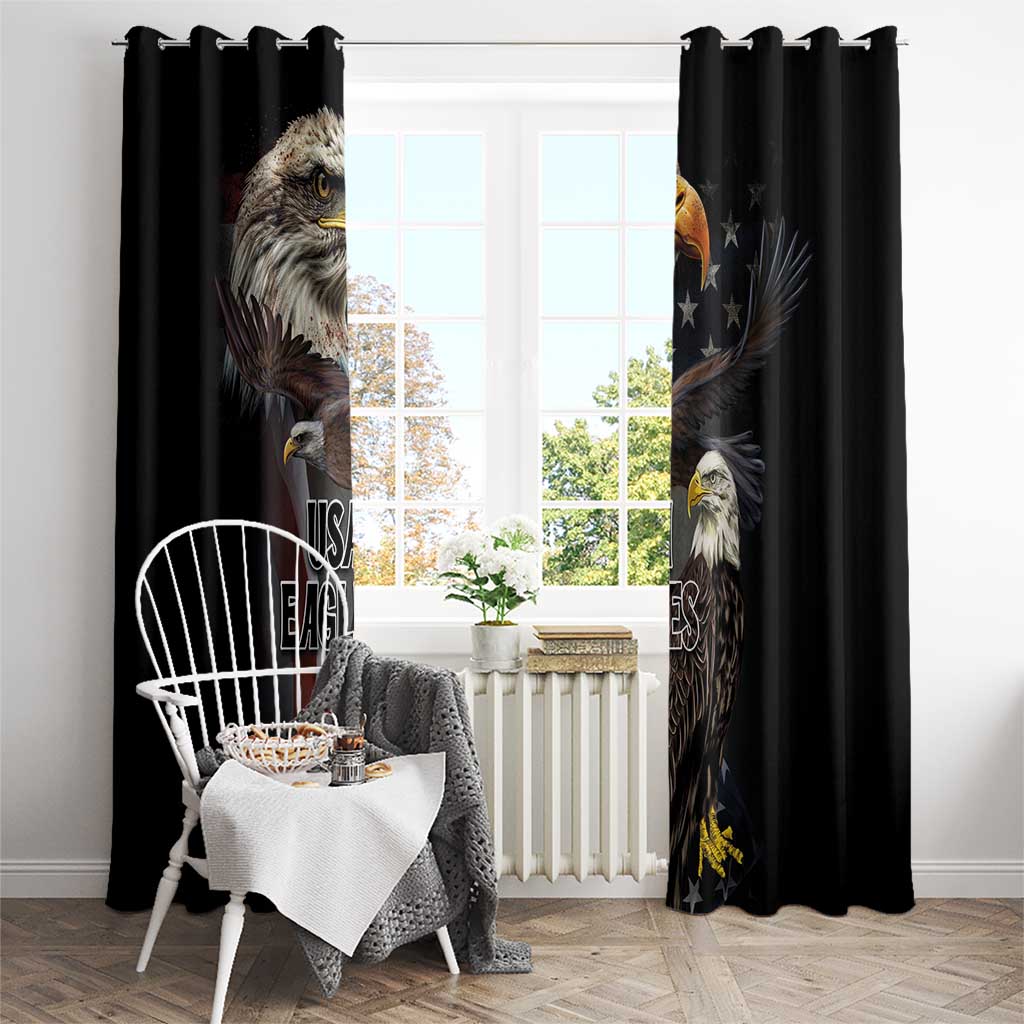 Black curtains with hanging loops; bald eagle print with USA flag styling