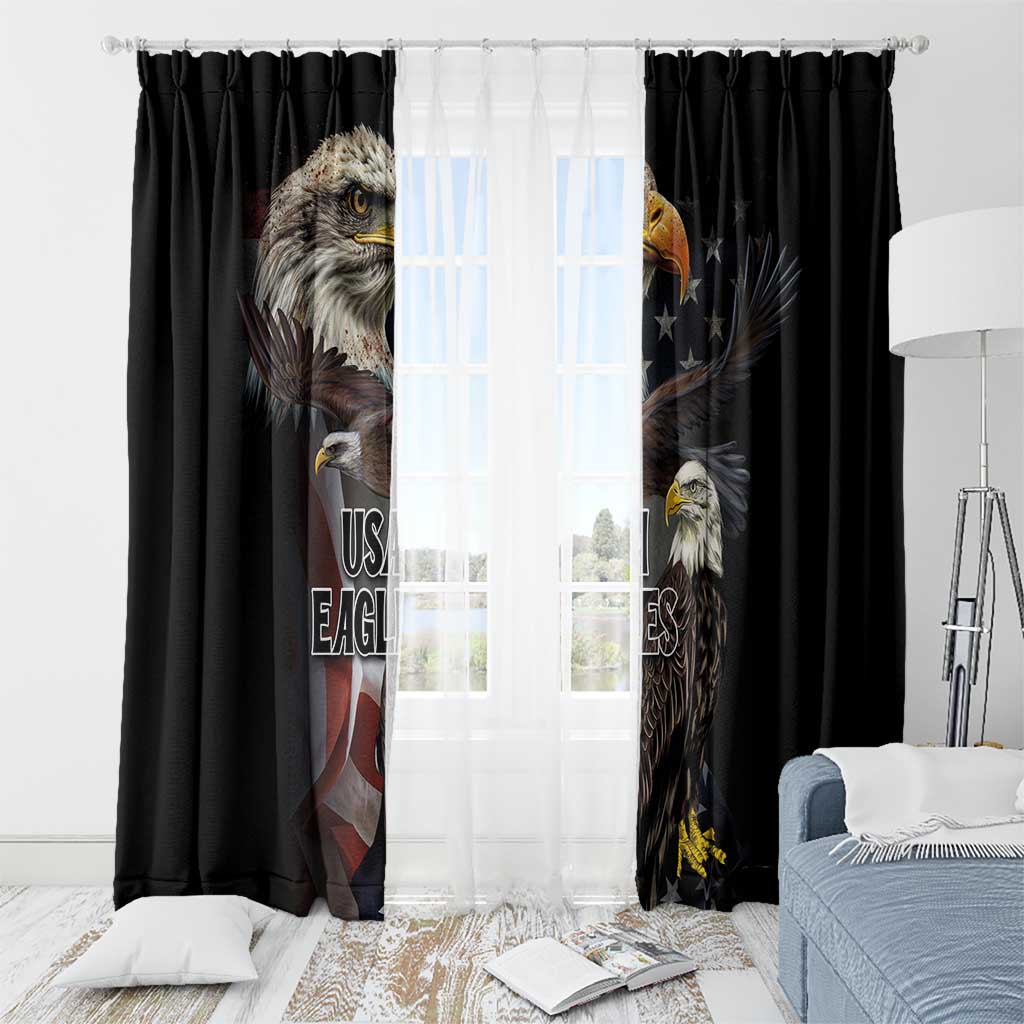 Black window curtain set with bald eagle graphic and USA flag accents