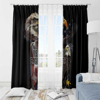 Black window curtain set with bald eagle graphic and USA flag accents