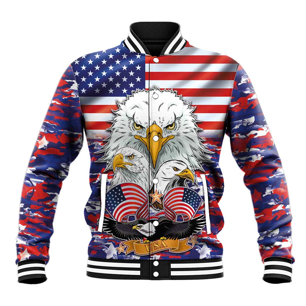 Red-blue camo baseball jacket with eagle and American flag front graphic