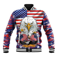 Red-blue camo baseball jacket with eagle and American flag front graphic