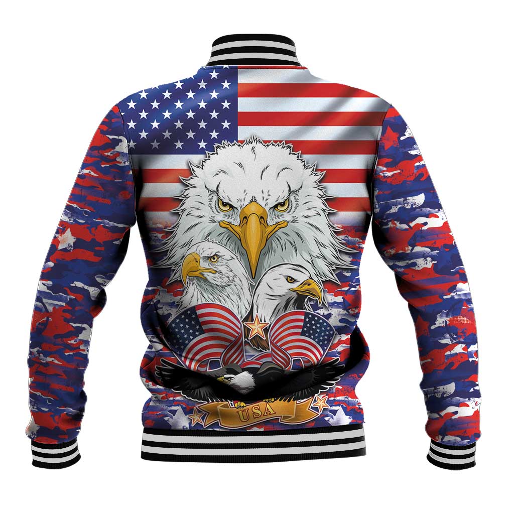Back of red-blue camo baseball jacket with eagle and American flag graphic