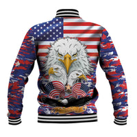 Back of red-blue camo baseball jacket with eagle and American flag graphic