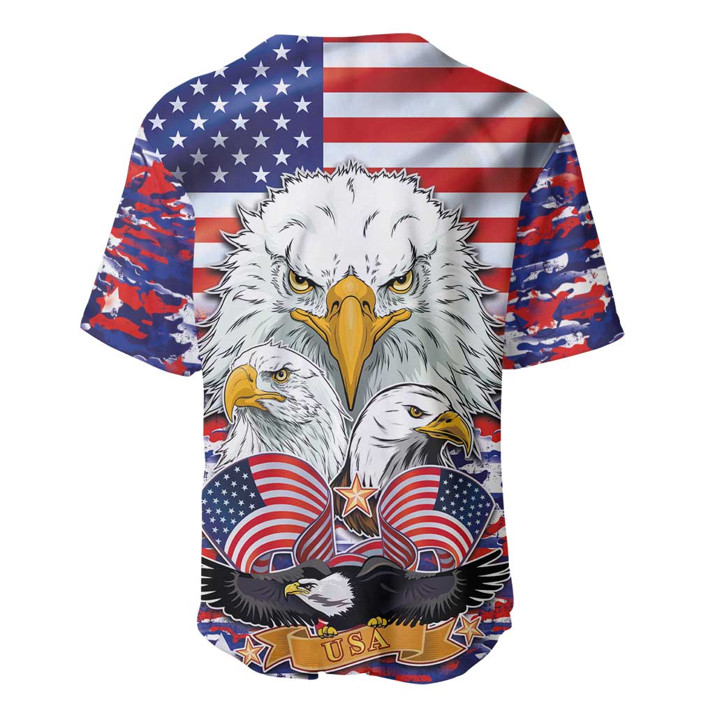 Men's baseball jersey with central eagle graphic and US flag camo print, short sleeves