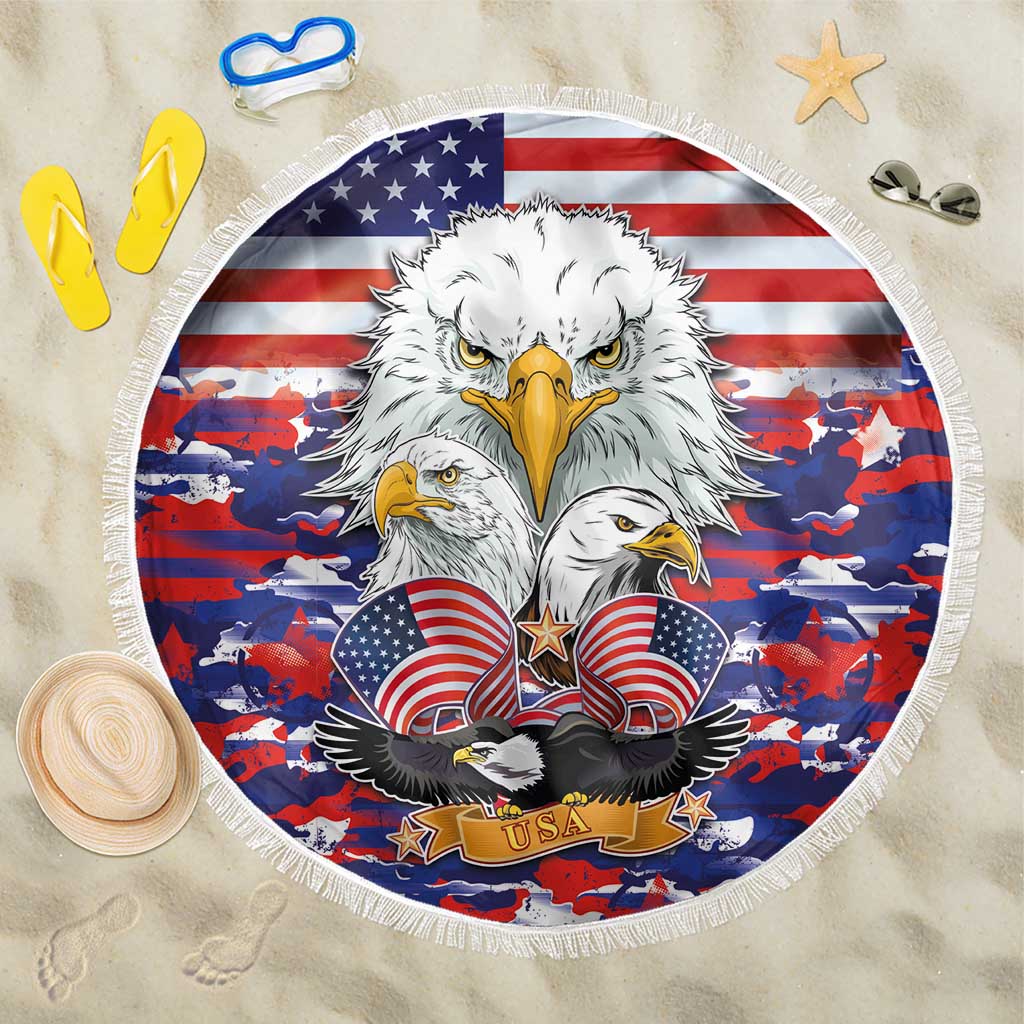 Round USA flag camouflage beach blanket with white eagle graphic and fringe, 150 cm