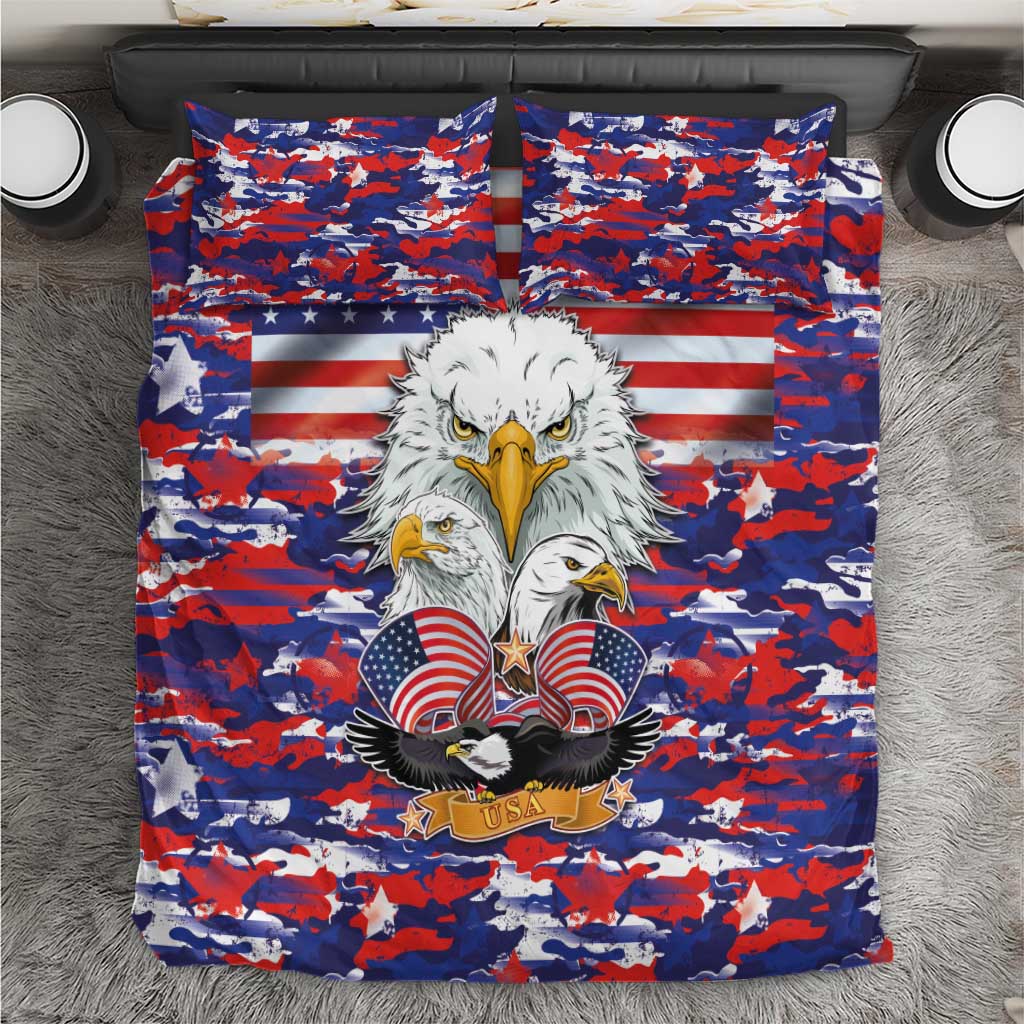 Bedding set top view: bald eagle over blue-red camouflage with American flag stripes center