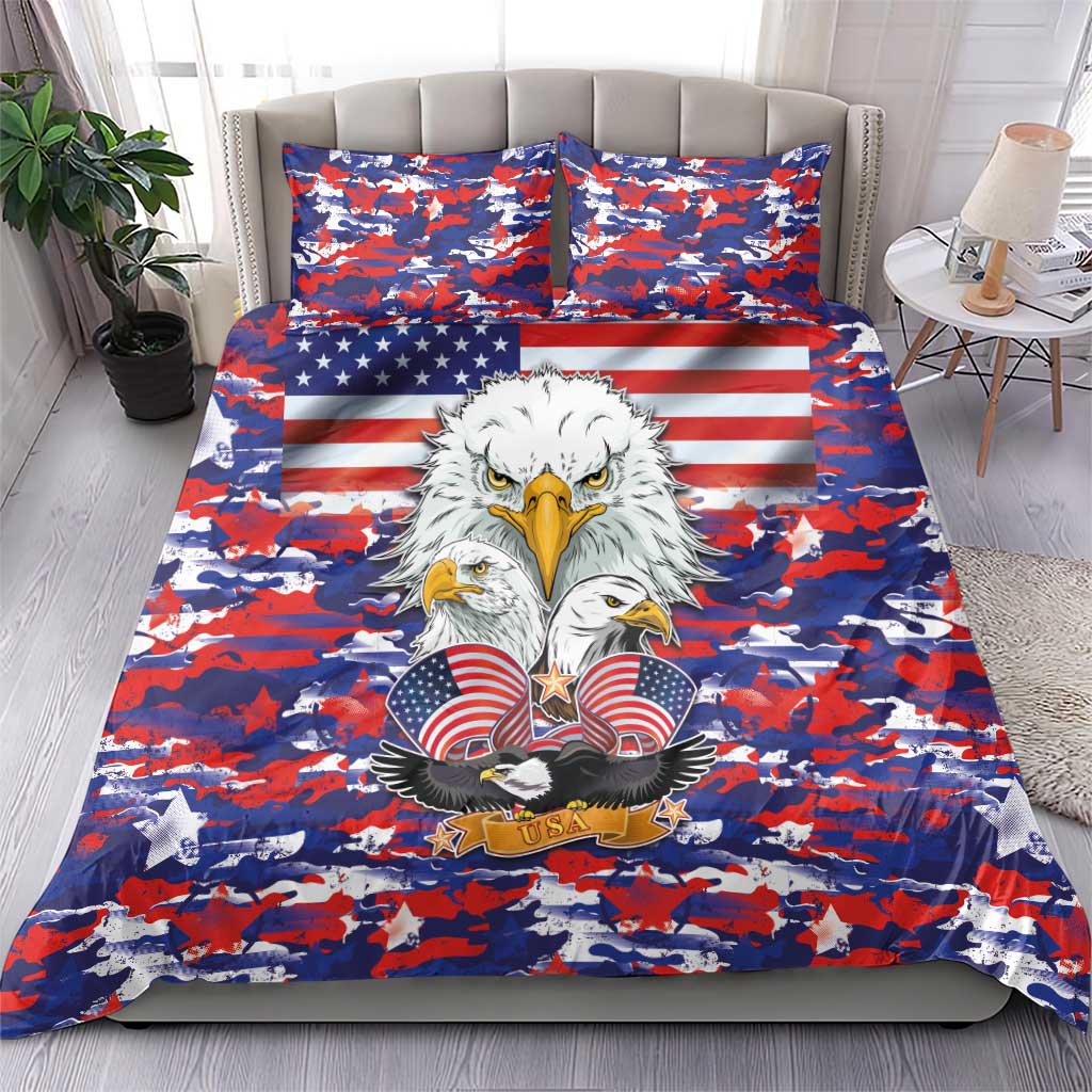 Bedding set on bed: bald eagle, twin US flags, and blue-red camouflage patriotic design