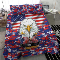 Bedding set with eagle graphic, blue-red camouflage background, and US flag banner