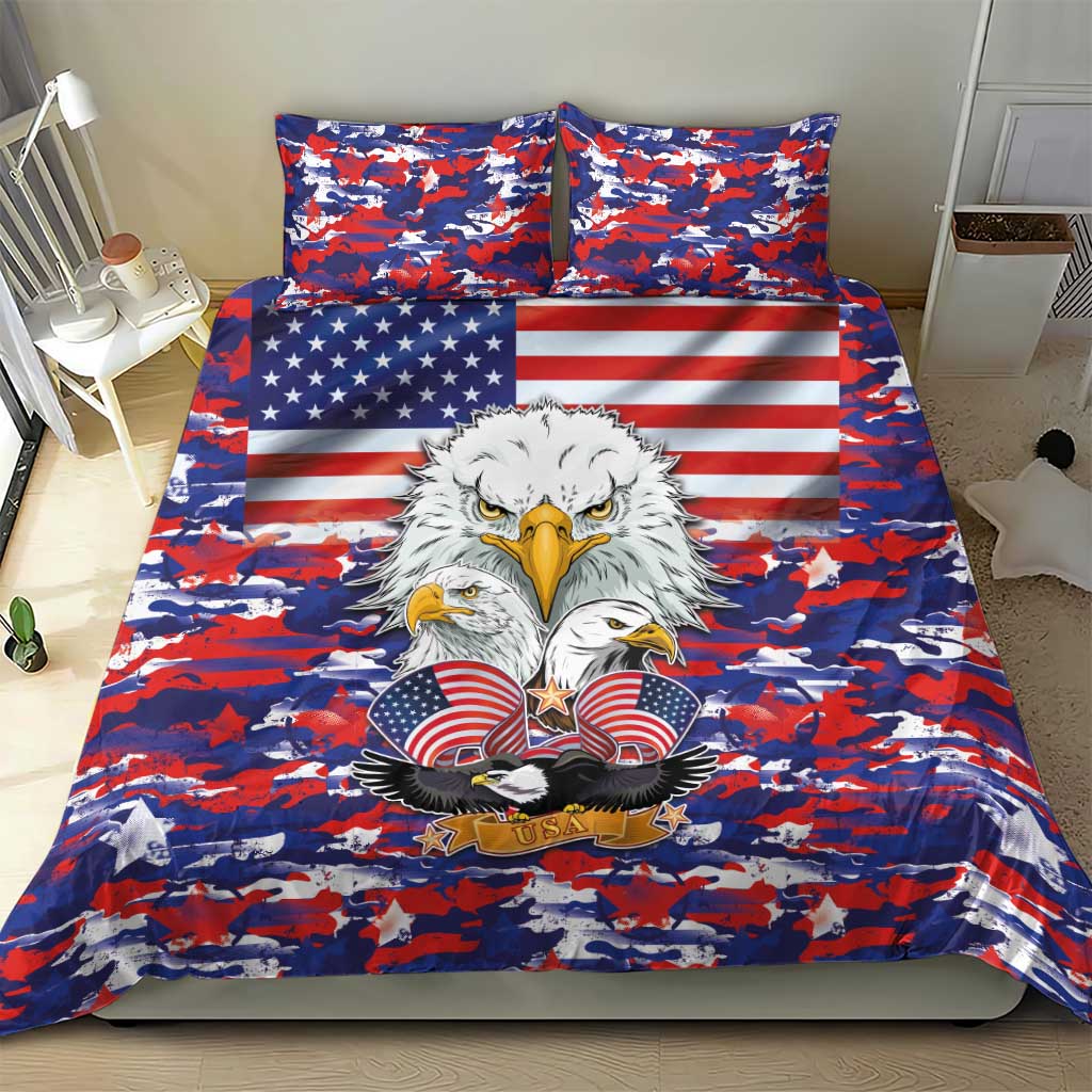 Bedding set with matching pillowcases showing eagle, US flags, and camo red-blue pattern