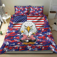 Bedding set with matching pillowcases showing eagle, US flags, and camo red-blue pattern