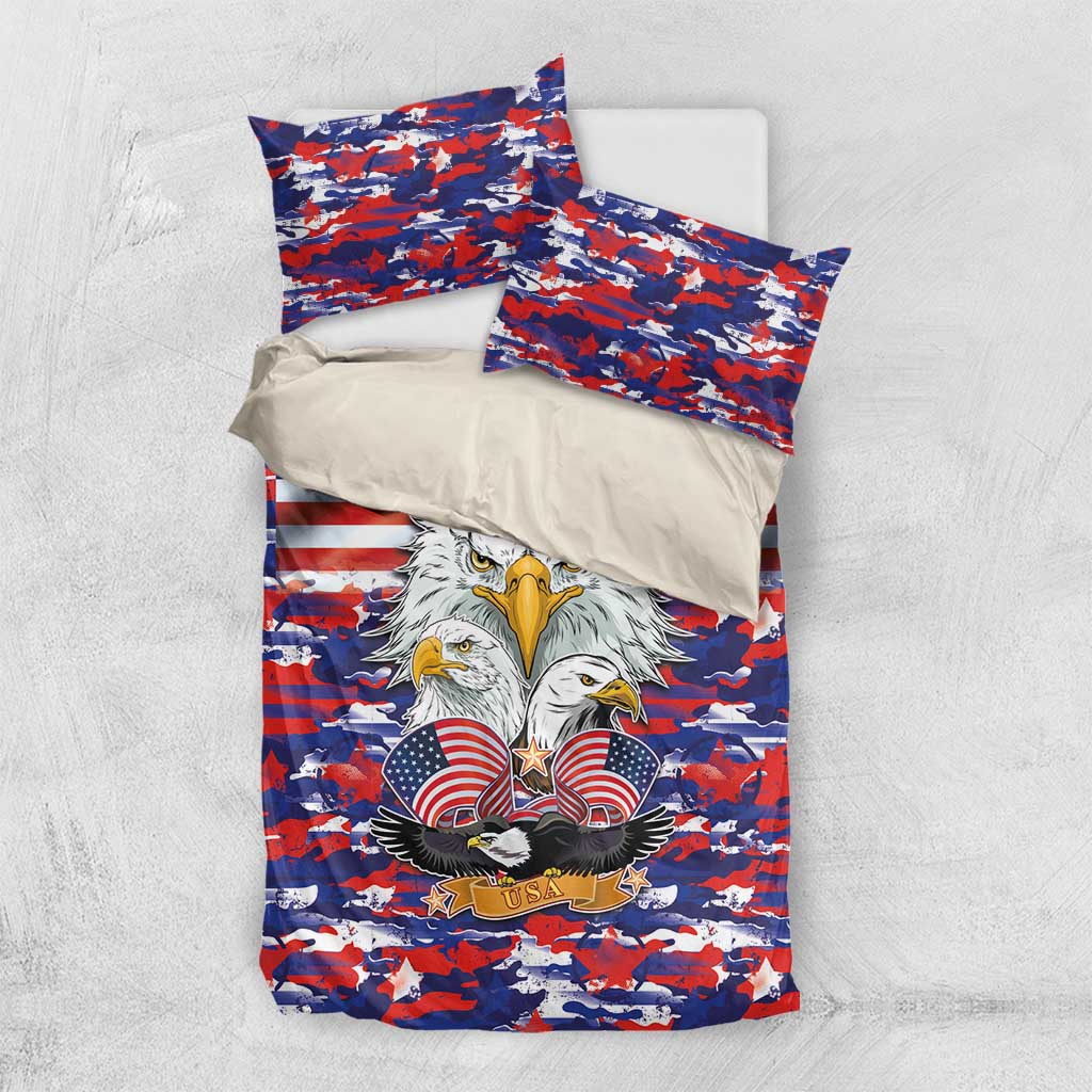 American flag camouflage bedding set with white bald eagle and patriotic symbols, red blue