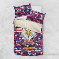 American flag camouflage bedding set with white bald eagle and patriotic symbols, red blue
