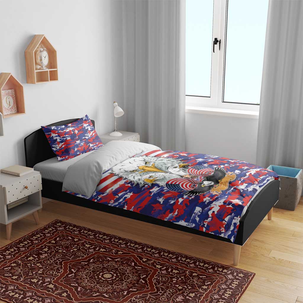 Bedding set featuring blue-red camouflage pattern with bald eagle and US flag pillows