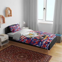 Bedding set featuring blue-red camouflage pattern with bald eagle and US flag pillows