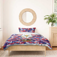 Bedding set with bald eagle emblem over blue-red camouflage and white US flag stripes