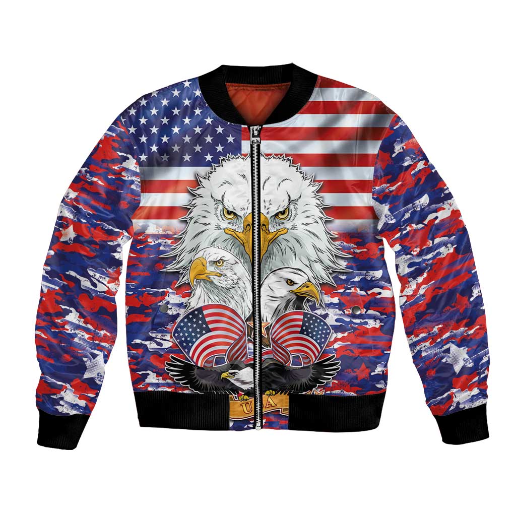Unisex bomber jacket with USA flag camo and white eagle graphic, zip-front, black cuffs
