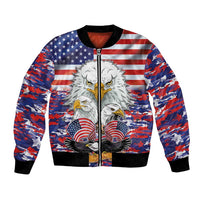 Unisex bomber jacket with USA flag camo and white eagle graphic, zip-front, black cuffs