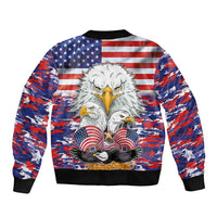 Unisex bomber jacket featuring USA flag camo and large white eagle center graphic, ribbed hem