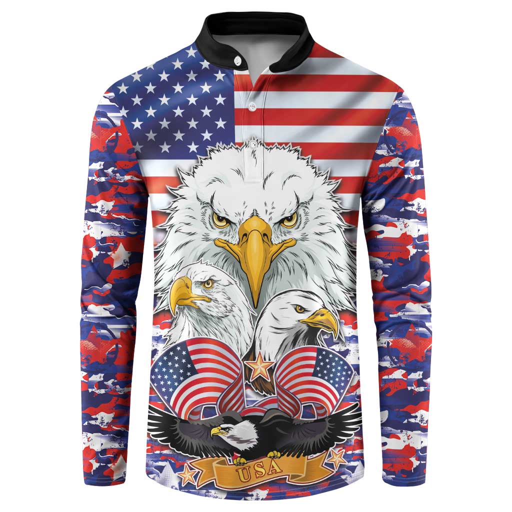 Men's button-up sweatshirt with eagle face artwork and US flag on front, camo sleeves