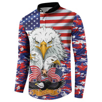 Men's button-up sweatshirt with eagle graphic and US flag camo sleeves