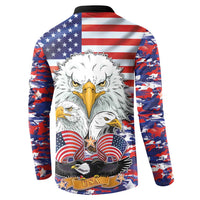 Men's button-up sweatshirt with back eagle-and-US flag graphic and camo sleeves