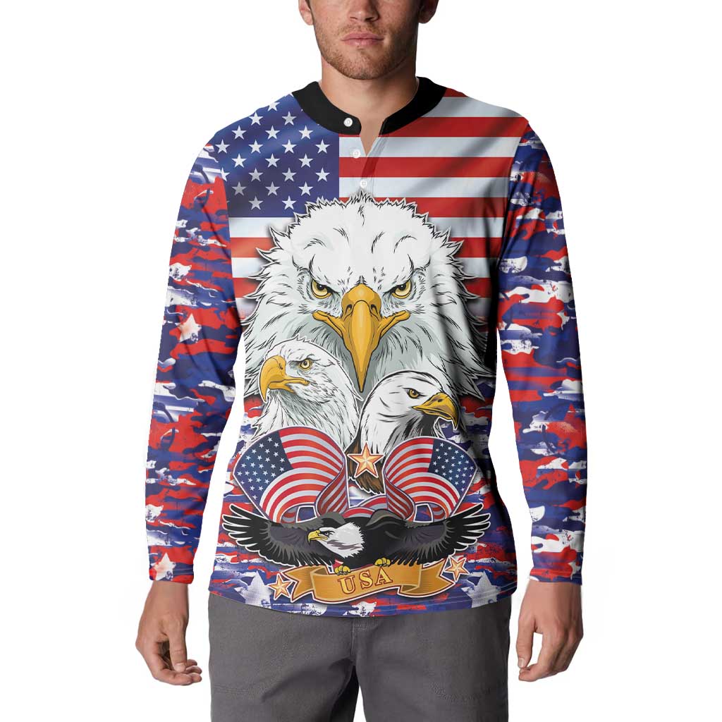 Men's button-up sweatshirt worn by model, eagle and US flag front graphic
