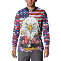 Men's button-up sweatshirt worn by model, eagle and US flag front graphic