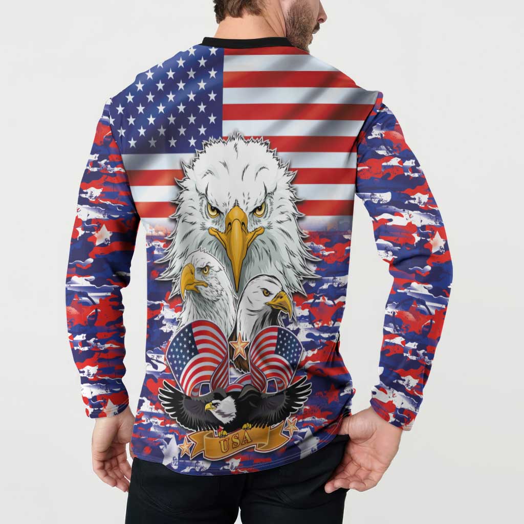 Men's button-up sweatshirt shown from back, eagle-and-US flag design, camo sleeves