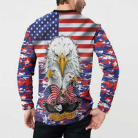 Men's button-up sweatshirt shown from back, eagle-and-US flag design, camo sleeves
