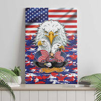 Canvas wall art of bald eagles with US flag stripes and stars over red-blue camo background