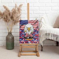 Canvas wall art on easel: bald eagles with US flag stripes and star accents over red-blue camo