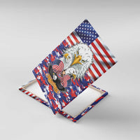 Canvas wall art, angled view: bald eagles with US flag stripes and stars over red-blue camo