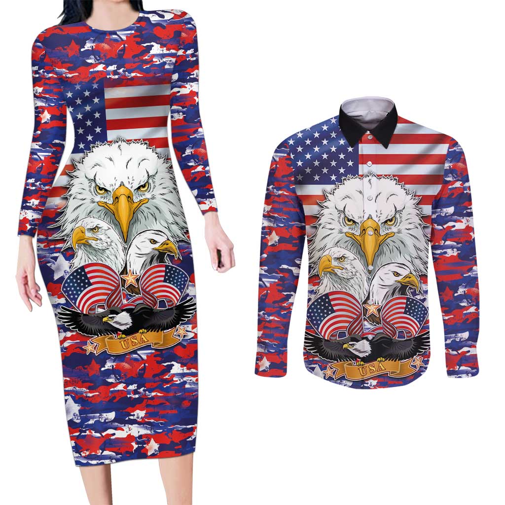 American Eagles Couples Matching Long Sleeve Bodycon Dress and Long Sleeve Button Shirt United States Flag Camouflage Style - Wonder Print Shop