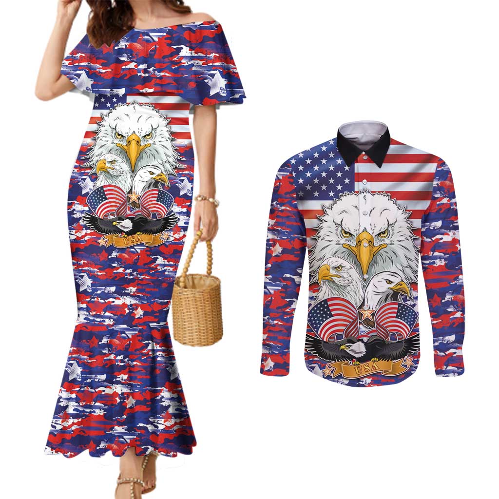 American Eagles Couples Matching Mermaid Dress and Long Sleeve Button Shirt United States Flag Camouflage Style