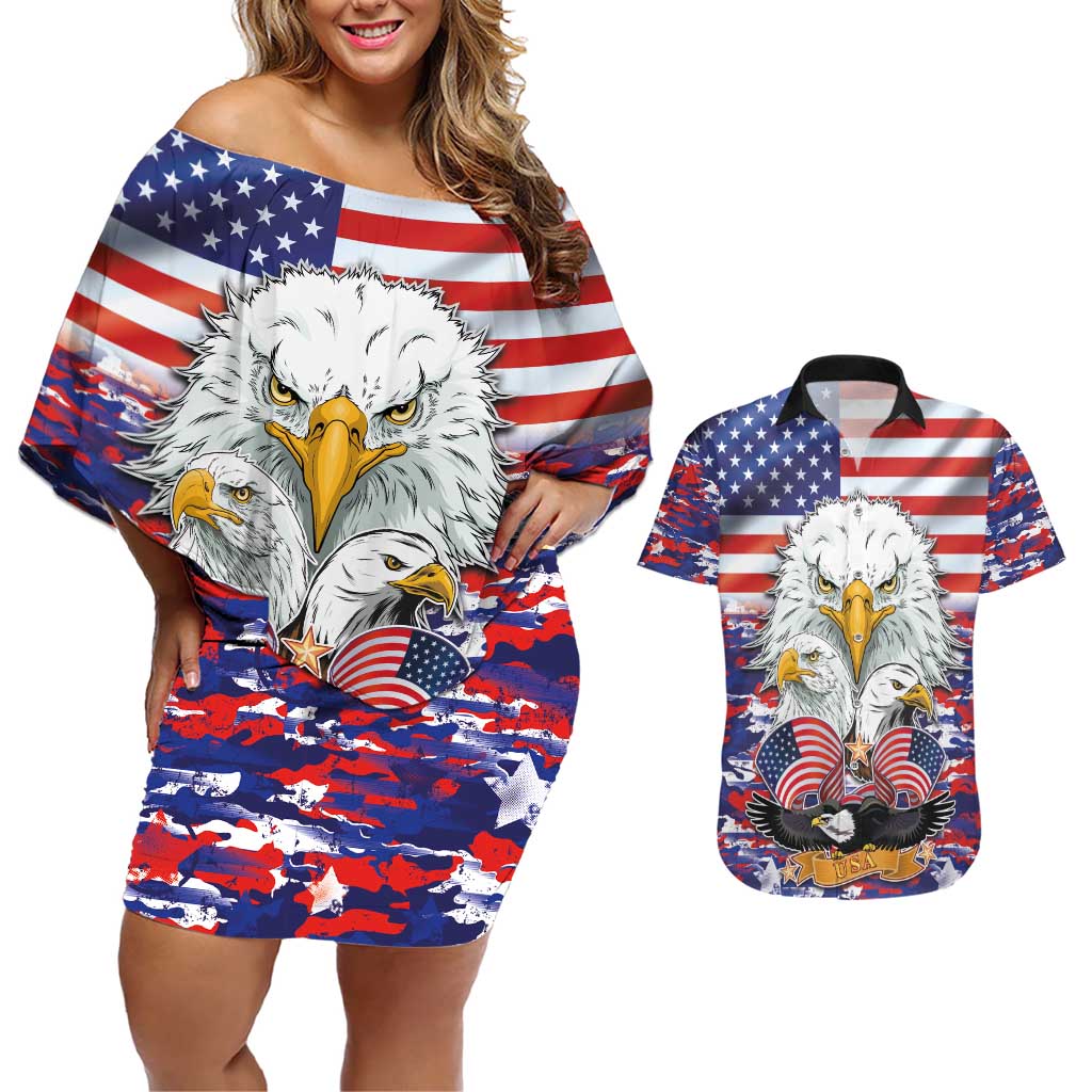 American Eagles Couples Matching Off Shoulder Short Dress and Hawaiian Shirt United States Flag Camouflage Style - Wonder Print Shop