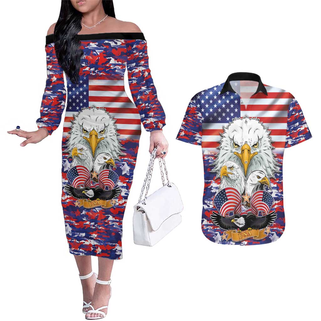 American Eagles Couples Matching Off The Shoulder Long Sleeve Dress and Hawaiian Shirt United States Flag Camouflage Style - Wonder Print Shop