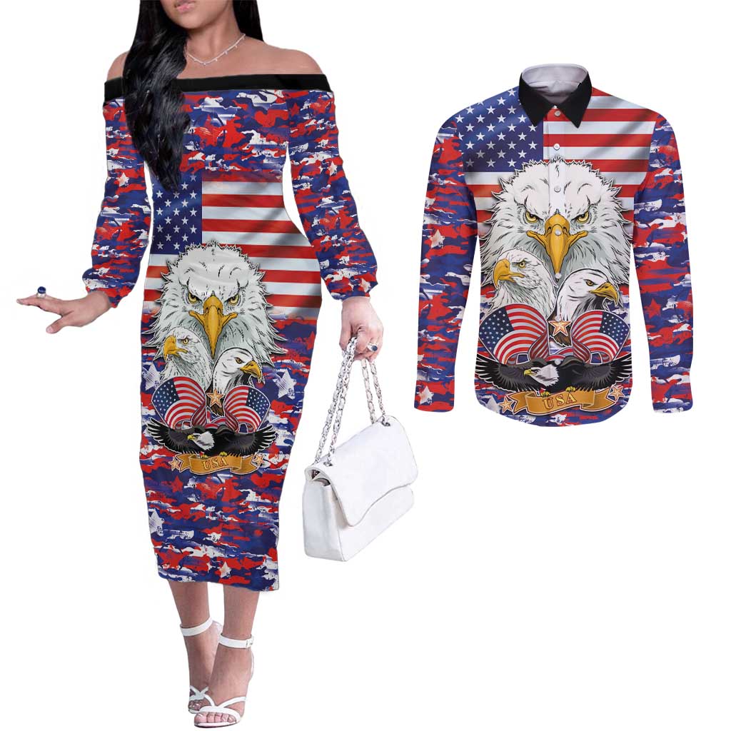 American Eagles Couples Matching Off The Shoulder Long Sleeve Dress and Long Sleeve Button Shirt United States Flag Camouflage Style