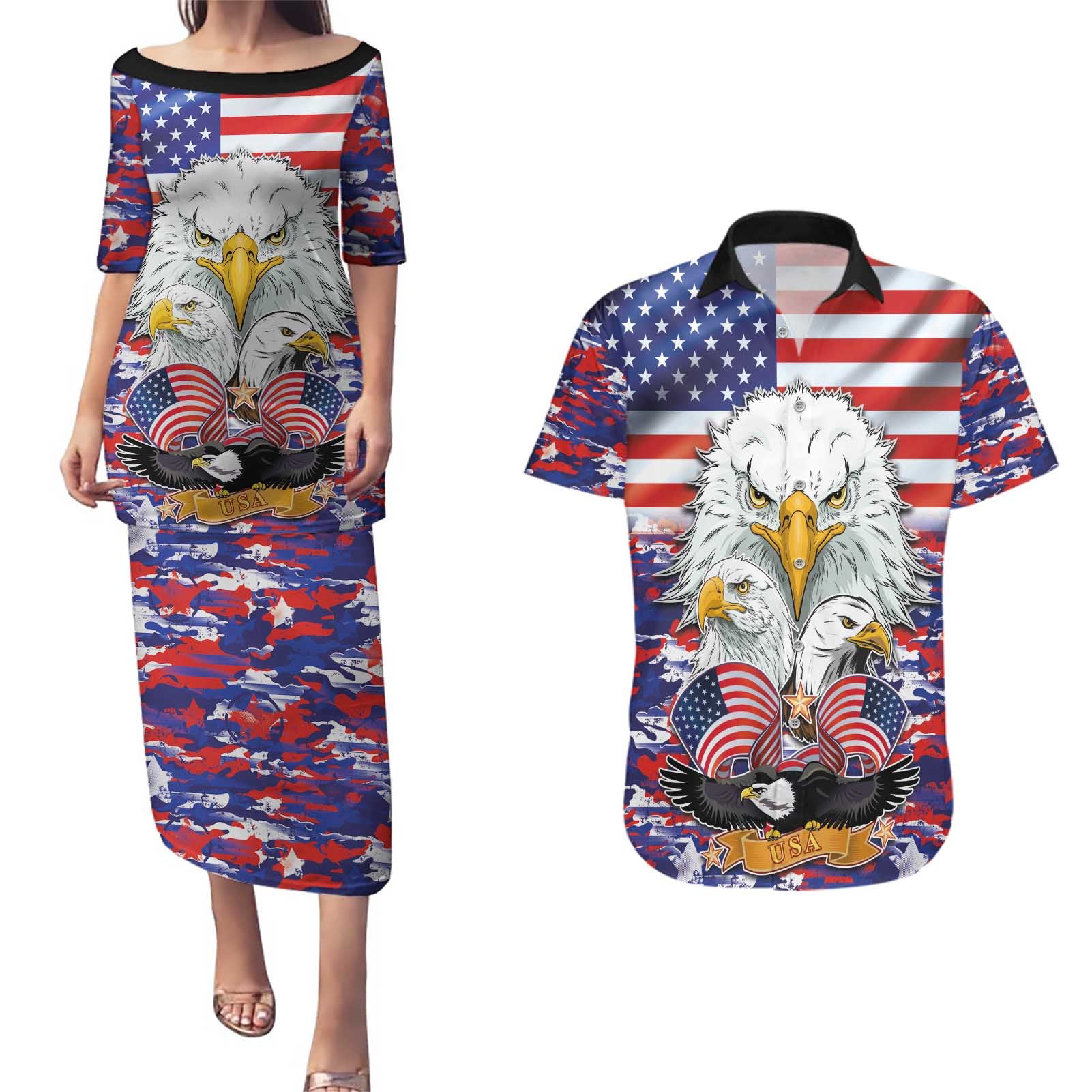 American Eagles Couples Matching Puletasi and Hawaiian Shirt United States Flag Camouflage Style - Wonder Print Shop