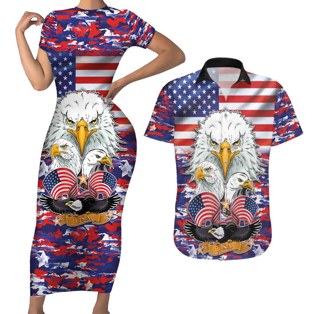 American Eagles Couples Matching Short Sleeve Bodycon Dress and Hawaiian Shirt United States Flag Camouflage Style - Wonder Print Shop