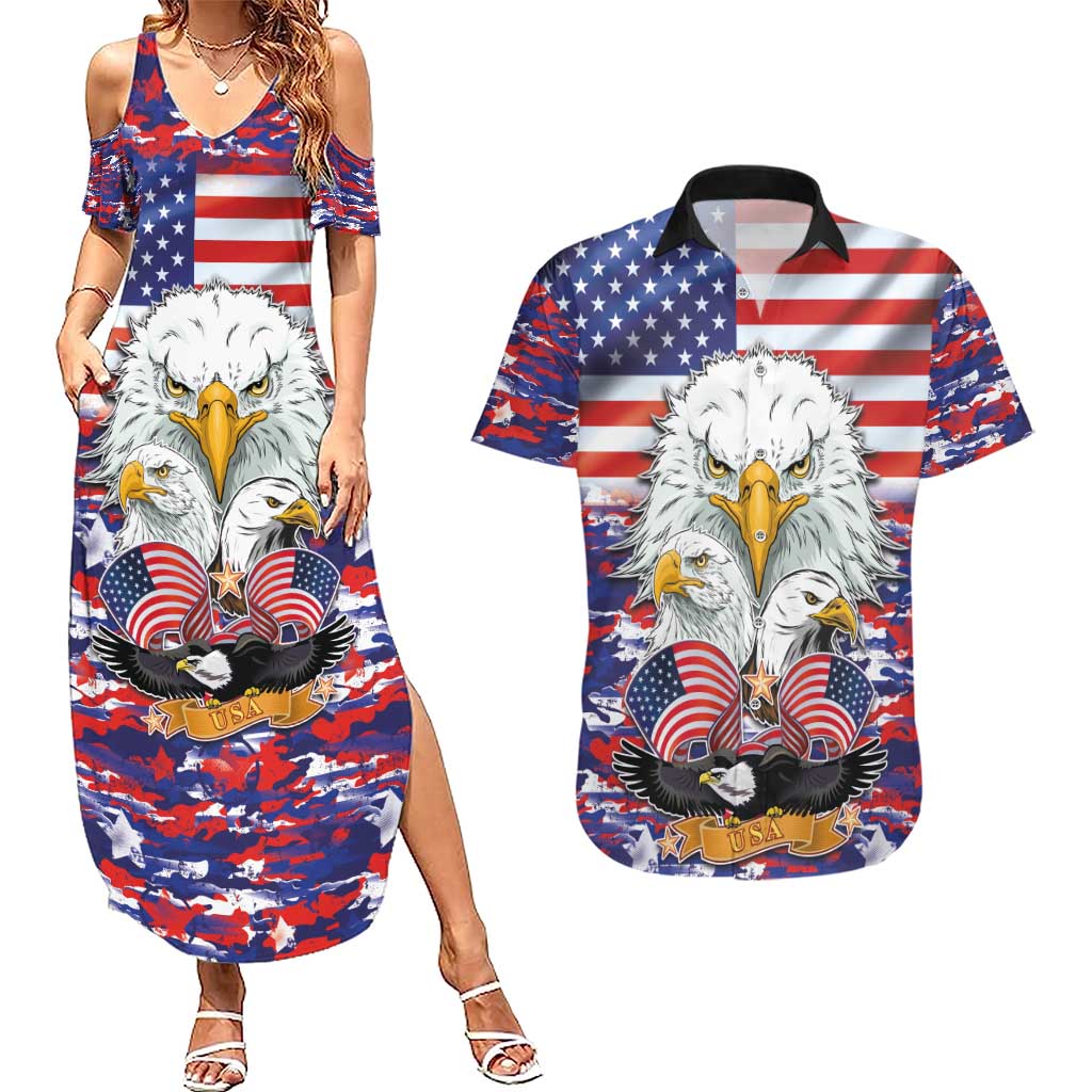 American Eagles Couples Matching Summer Maxi Dress and Hawaiian Shirt United States Flag Camouflage Style - Wonder Print Shop