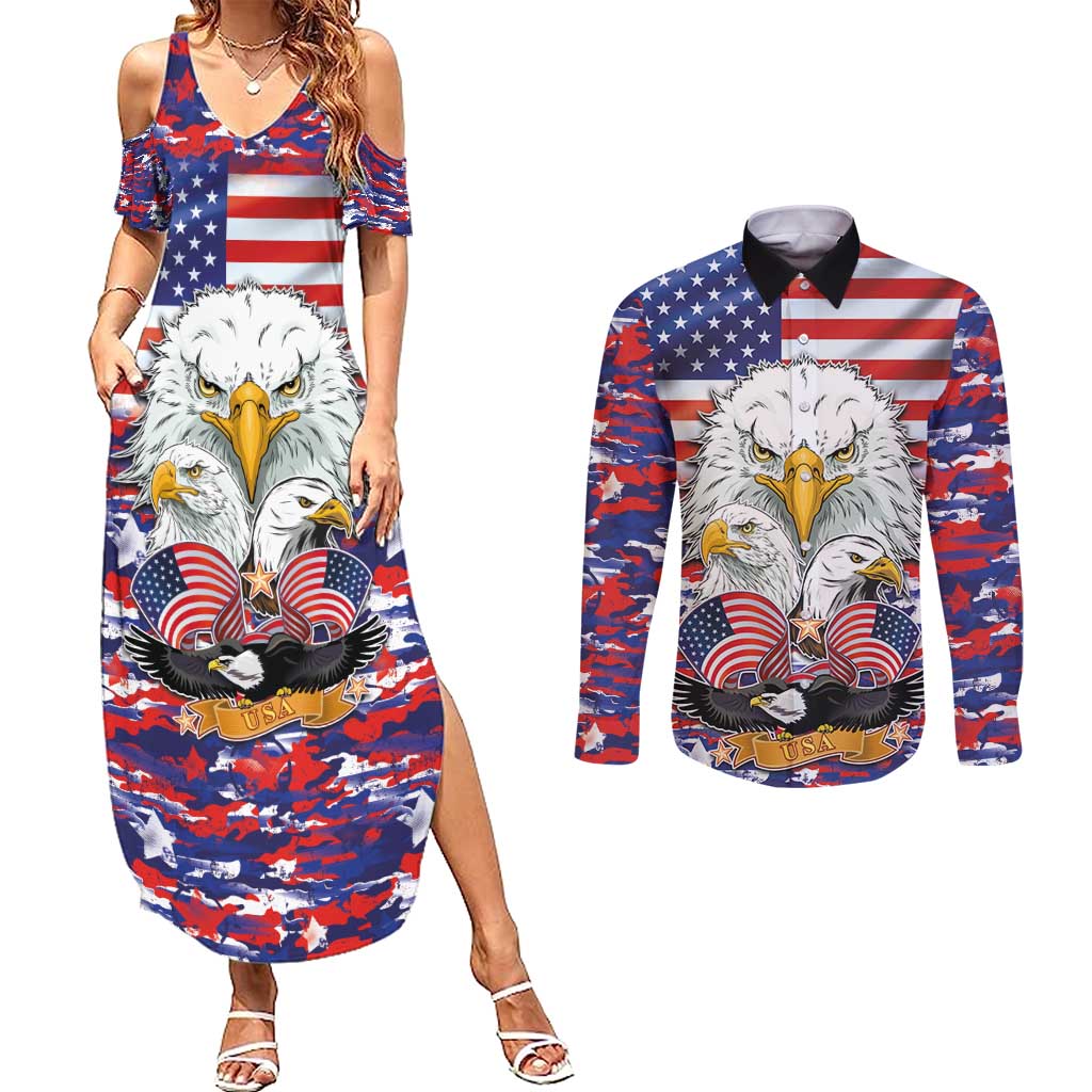 American Eagles Couples Matching Summer Maxi Dress and Long Sleeve Button Shirt United States Flag Camouflage Style - Wonder Print Shop