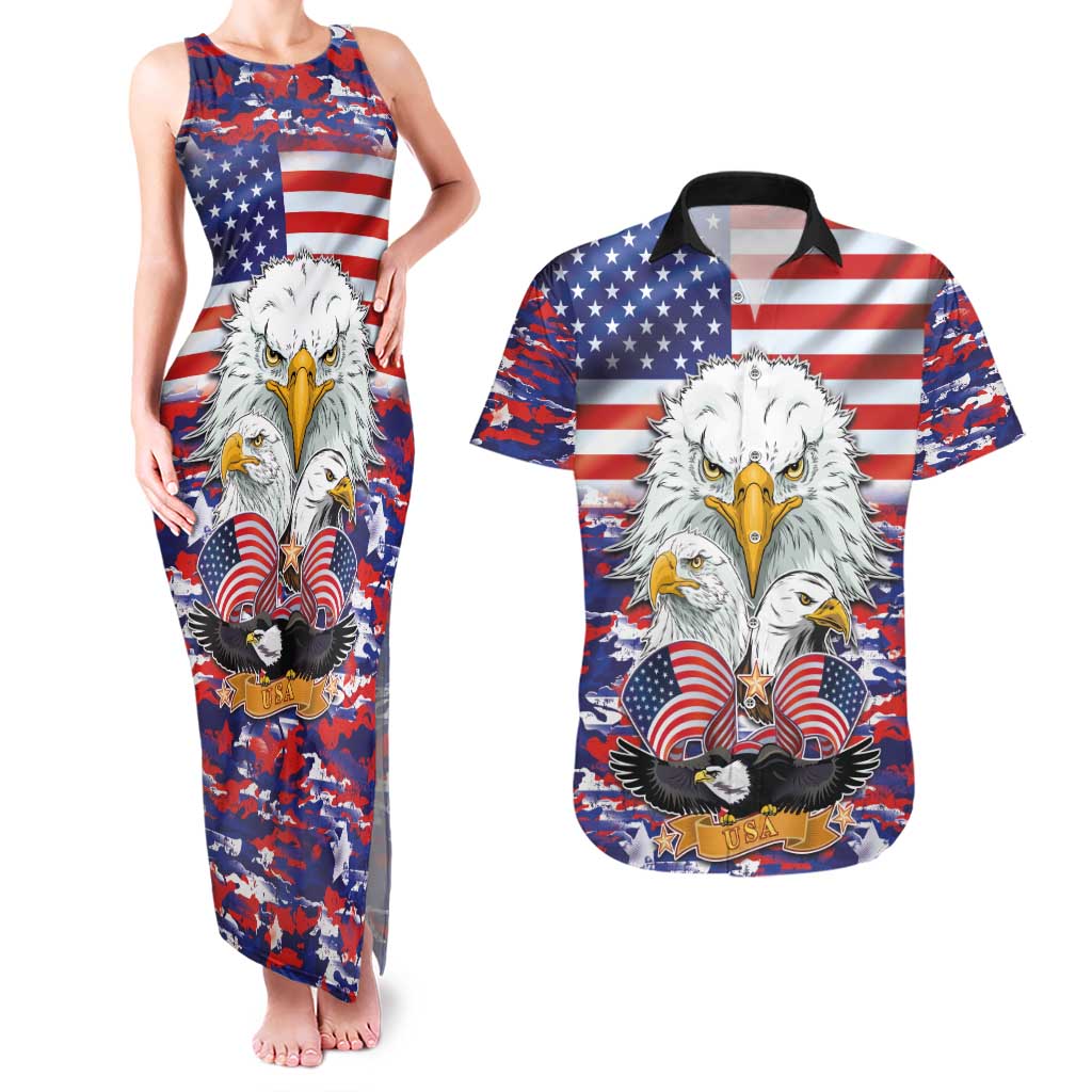 American Eagles Couples Matching Tank Maxi Dress and Hawaiian Shirt United States Flag Camouflage Style - Wonder Print Shop