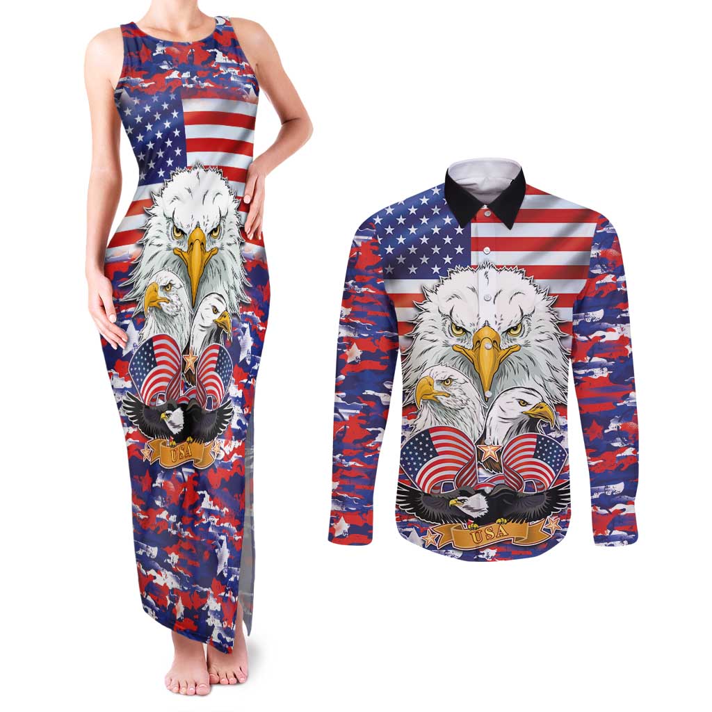 American Eagles Couples Matching Tank Maxi Dress and Long Sleeve Button Shirt United States Flag Camouflage Style - Wonder Print Shop