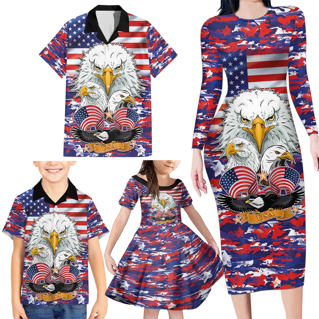 American Eagles Family Matching Long Sleeve Bodycon Dress and Hawaiian Shirt United States Flag Camouflage Style - Wonder Print Shop