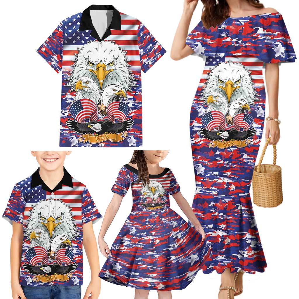 American Eagles Family Matching Mermaid Dress and Hawaiian Shirt United States Flag Camouflage Style - Wonder Print Shop